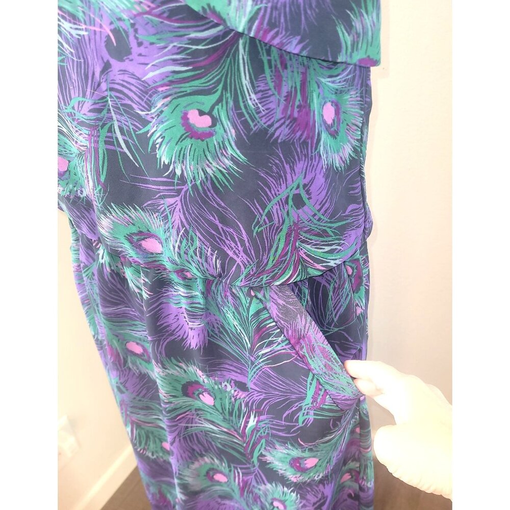 Kira Women’s Medium Purple/Green Strapless Peacock Feather Maxi Dress Pockets - Picture 5 of 11